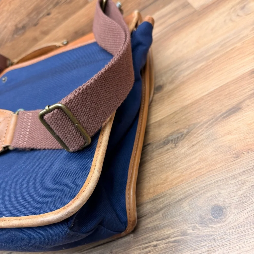 L.L. Bean Canvas Blue Travel Briefcase Shoulder Leather Dowel Rod Bag